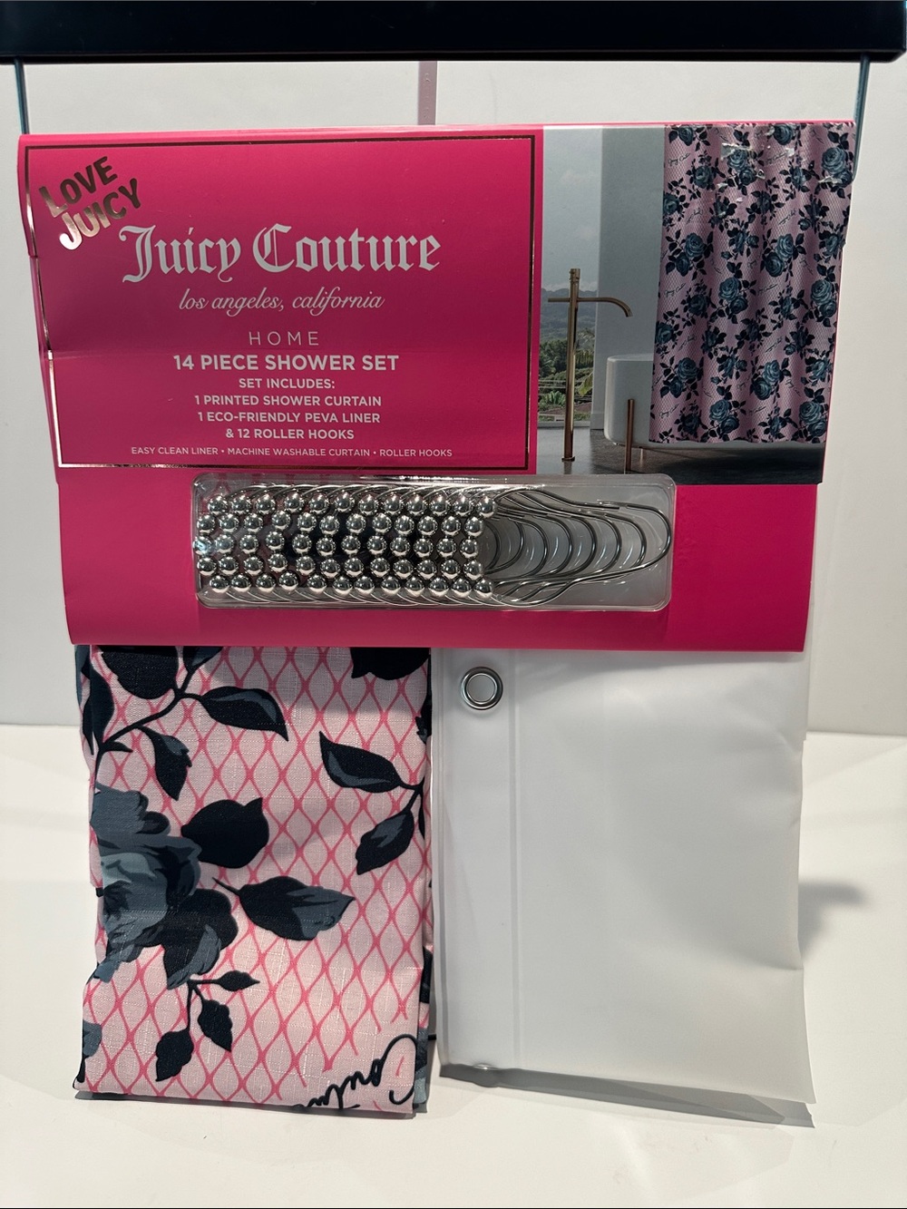 NWT Juicy Couture 14 Piece Shower Set w/shower Curtain, Lining and Roller Hooks.